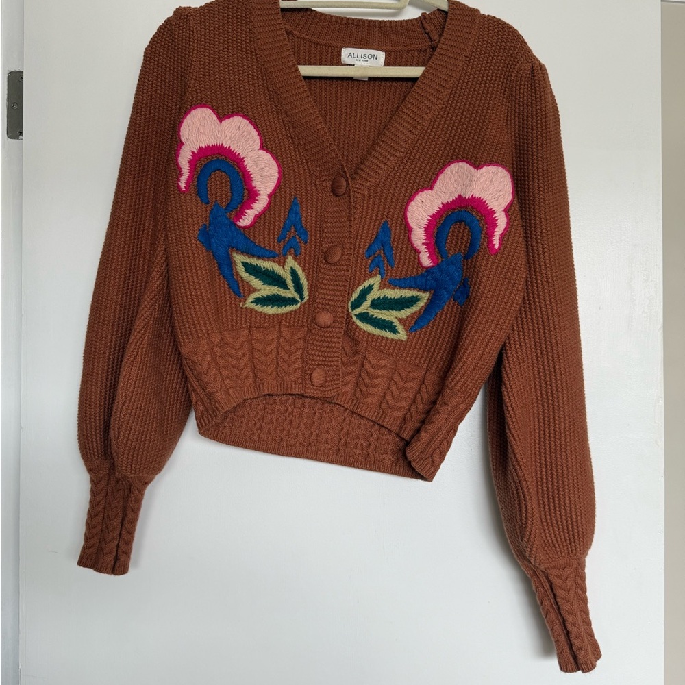 Allison Clothing Brown and Pink Cardigan with Chunky Knit and Balloon Sleeves